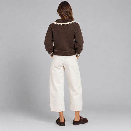 Womens Jumper Knitwear Chocolate Brown Scalloped Neck Collar