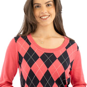 Lucy Argyle Jumper Pink Diamond Intarsia Long Sleeve Tops - Quality Brands Outlet
