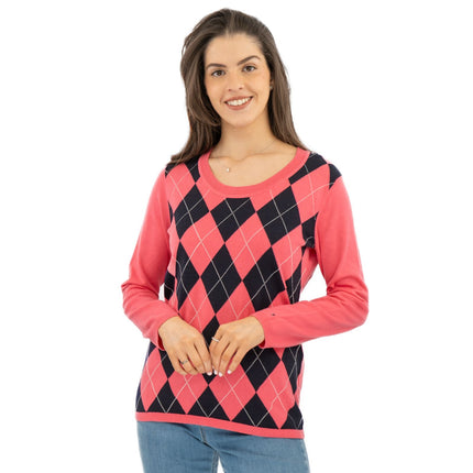 Lucy Argyle Jumper Pink Diamond Intarsia Long Sleeve Tops-Quality Brands Outlet-