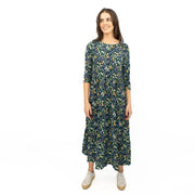 Seasalt Navy Floral Dress Tiered Line Strokes Midi Short Sleeve - Quality Brands Outlet