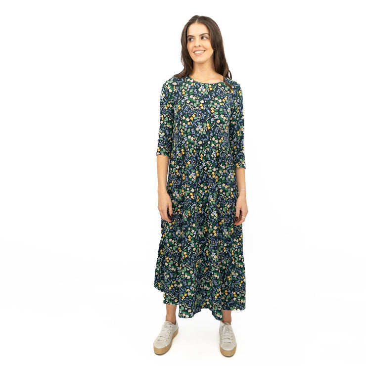 Seasalt Navy Floral Dress Tiered Line Strokes Midi Short Sleeve - Quality Brands Outlet