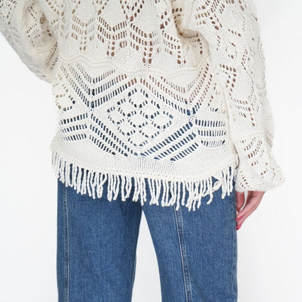 M&S Knitted V-Neck Fringe Cropped Cardigan Boho-Chic Natural Ivory-Quality Brands Outlet-