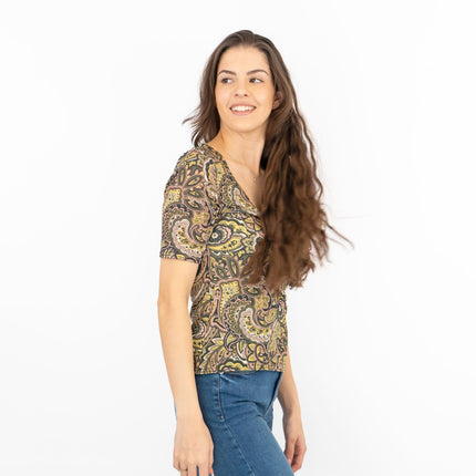 Oasis Green Paisley Print V-Neck Short Sleeve Tops-Quality Brands Outlet-