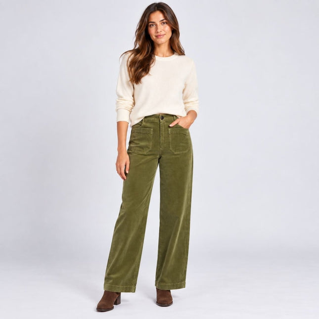 Womens Wide Leg Cord Trousers - Olive Green-Quality Brands Outlet-