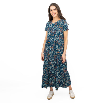 Seasalt Teal Green Line Strokes Floral Short Sleeve Midi Dress-Quality Brands Outlet-