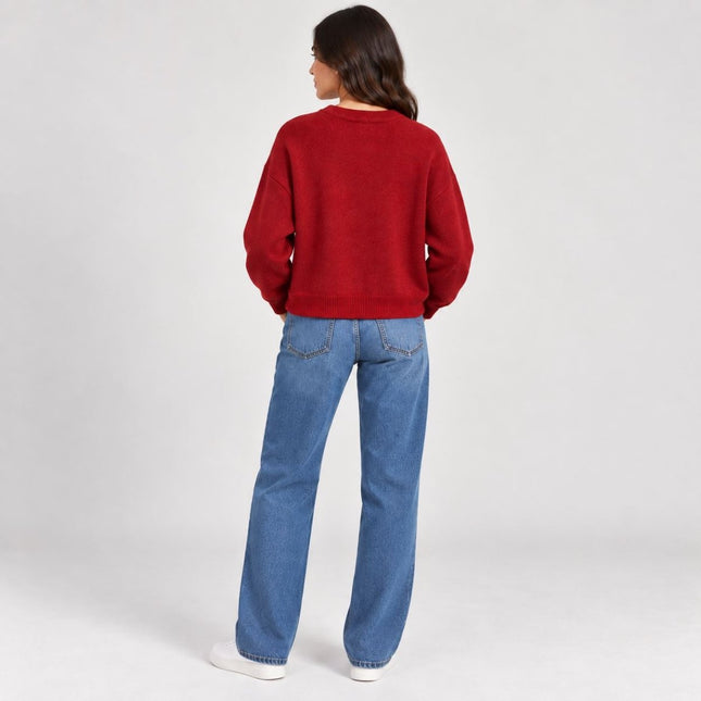 Womens Jumpers Relaxed Fit Crew Neck Knit Tops - Red-Quality Brands Outlet-