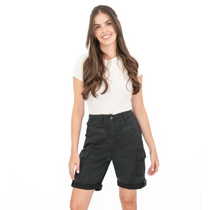 M&S Cargo Shorts Elastic Waist Cotton Lyocell Black Turn Up - Quality Brands Outlet