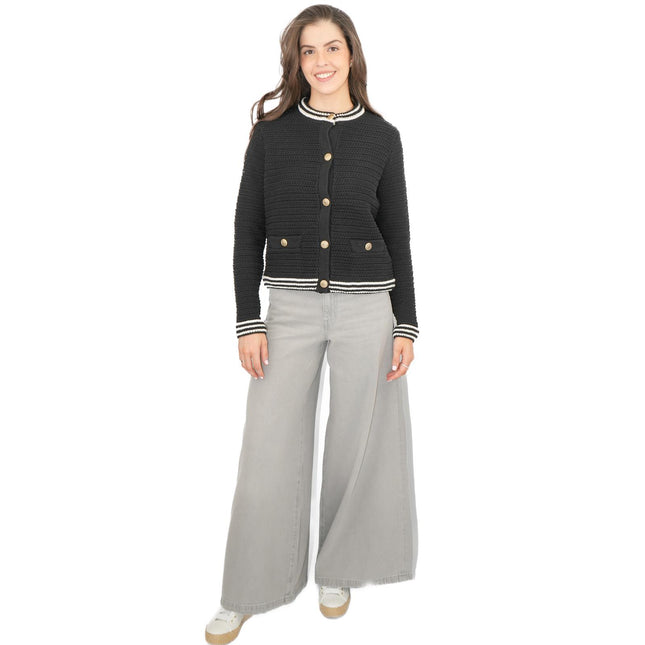 M&S Black Gold Button Cardigan Classic Textured Crew Neck-Quality Brands Outlet-