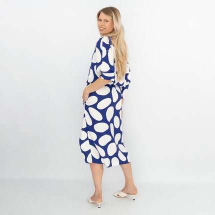 Jasper Conran Beau 3/4 Sleeve Blue Print Boat Neck Relaxed Fit Midi Dresses with Split and Pockets