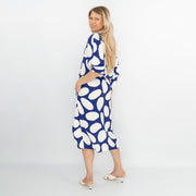 Jasper Conran Beau 3/4 Sleeve Blue Print Boat Neck Relaxed Fit Midi Dresses with Split and Pockets - Quality Brands Outlet