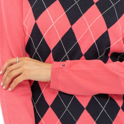Lucy Argyle Jumper Pink Diamond Intarsia Long Sleeve Tops-Quality Brands Outlet-