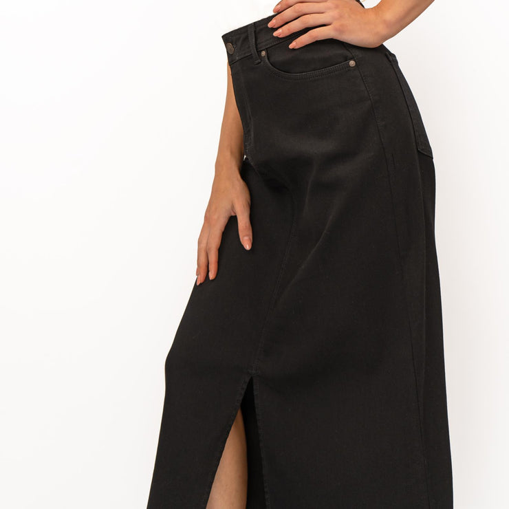 M&S Black Denim Maxi Skirt Front Split