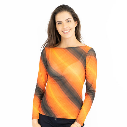Karen Millen Orange Striped Long Sleeve Mesh Tops-Quality Brands Outlet-