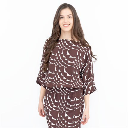Jasper Conran Beau 3/4 Sleeve Brown Print Boat Neck Relaxed Fit Midi Dresses with Split and Pockets