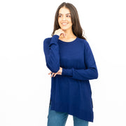 Evans Womens Asymmetric Top Blue Longline Crew Neck Long Sleeve Relaxed Fit - Quality Brands Outlet