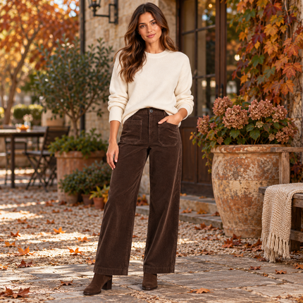 Womens Wide Leg Cord Trousers - Chocolate