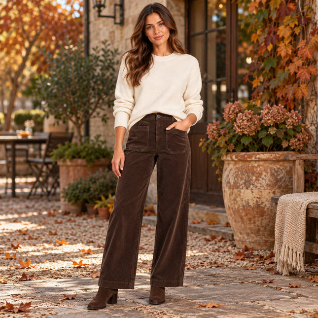 Womens Wide Leg Cord Trousers - Chocolate-Quality Brands Outlet-