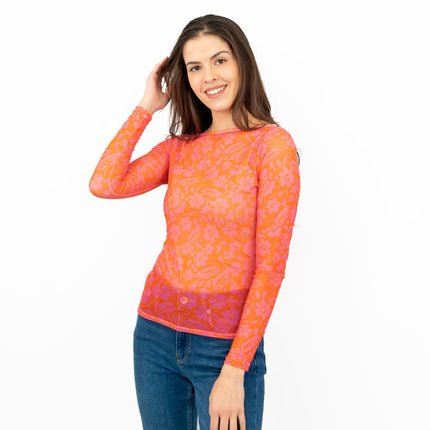 Karen Millen Floral Pink & Orange Mesh Top-Quality Brands Outlet-