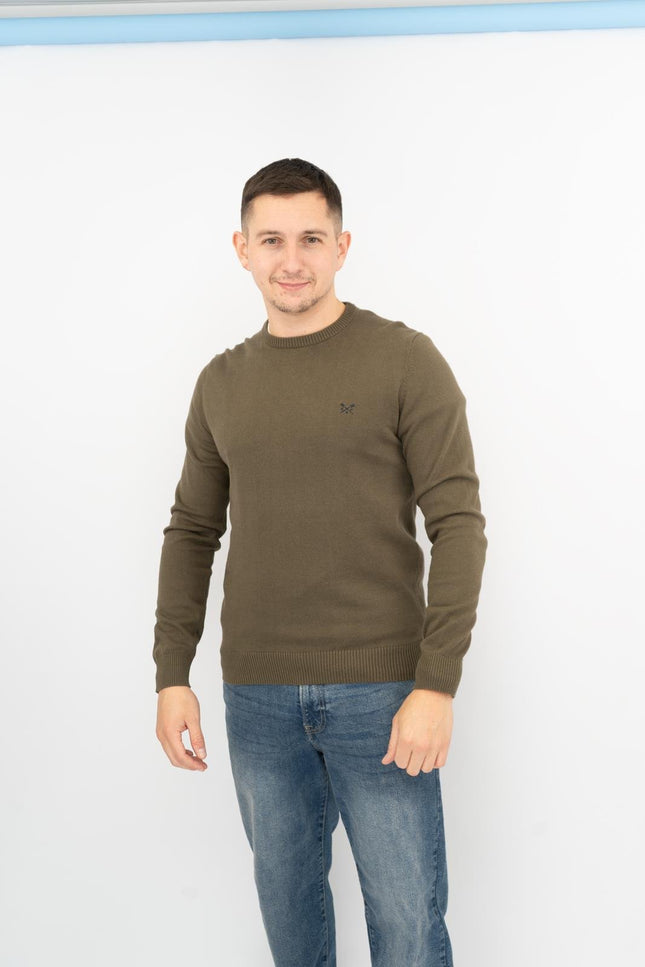 Crew Clothing Mens Knitted Jumper Long Sleeve Khaki Green-Quality Brands Outlet-