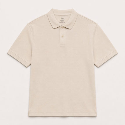 M&S Stone Pure Cotton Garment Dyed Polo Shirt Relaxed Fit-Quality Brands Outlet-