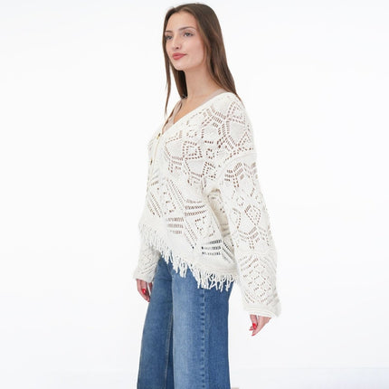M&S Knitted V-Neck Fringe Cropped Cardigan Boho-Chic Natural Ivory-Quality Brands Outlet-