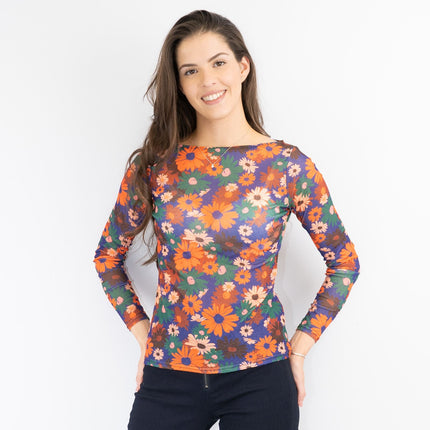Karen Millen Orange Floral Boat Neck Long Sleeve Tops-Quality Brands Outlet-