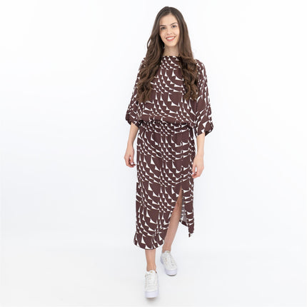 Jasper Conran Beau 3/4 Sleeve Brown Print Boat Neck Relaxed Fit Midi Dresses with Split and Pockets