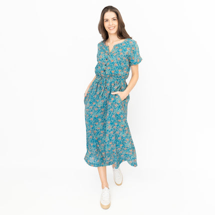 Seasalt Teal True Note Painted Rose Midi Dress-Quality Brands Outlet-