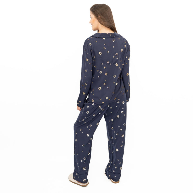 M&S Navy Star Print Long Sleeve Pyjama Set for Women Christmas PJs Loungewear with Eye Mask - Quality Brands Outlet