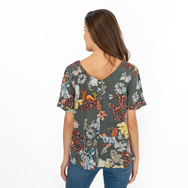 Seasalt Grey Floral Linen Blend Blouse Short Sleeve Tops-Quality Brands Outlet-