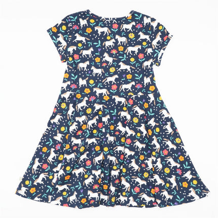 Frugi Baby Girls Dress Skater Indigo Navy Wild Horses Pretty Cotton Short Sleeve - Quality Brands Outlet