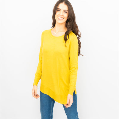 Evans Womens Asymmetric Top Mustard Longline Crew Neck Long Sleeve Relaxed Fit - Quality Brands Outlet