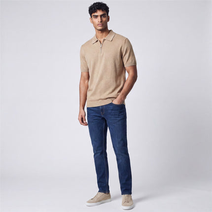 Massimo Dutti Mens Classic Knitted Linen Blend Polo Shirt Half Zip Neck Beige