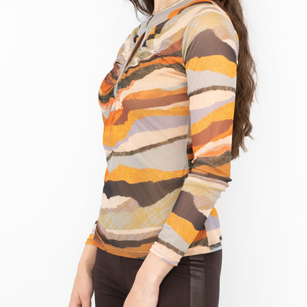 Warehouse Brown Abstract Print Keyhole Long Sleeve Mesh Tops-Quality Brands Outlet-