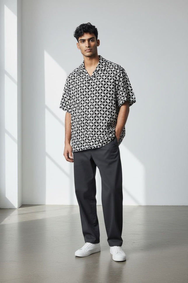 Mens Shirts Short Sleeve Navy Geo Print - Quality Brands Outlet