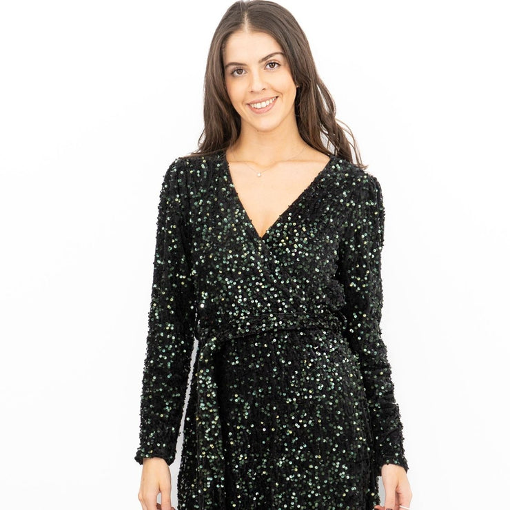 Velvet Sequin Wrap Midi Dress Sparkle Green - Quality Brands Outlet