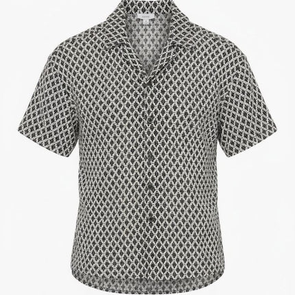 Sterling Shirt Cuban Collar Navy White Geometric Crochet - Quality Brands Outlet