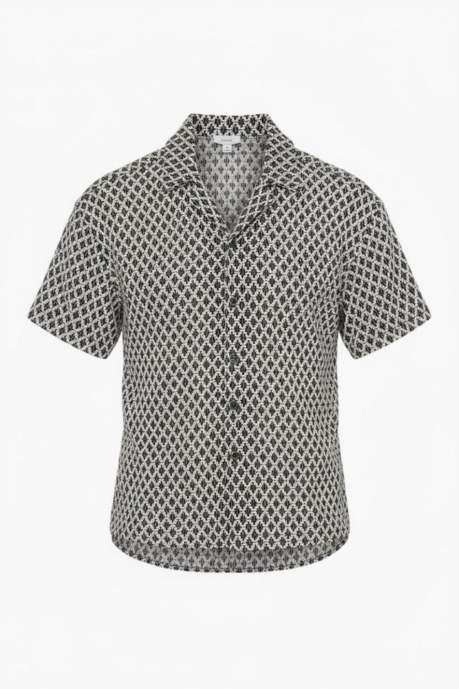 Sterling Shirt Cuban Collar Navy White Geometric Crochet - Quality Brands Outlet