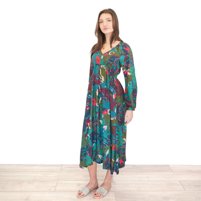 White Stuff Izzy Midi Dress Green Print V - Neck - Quality Brands Outlet