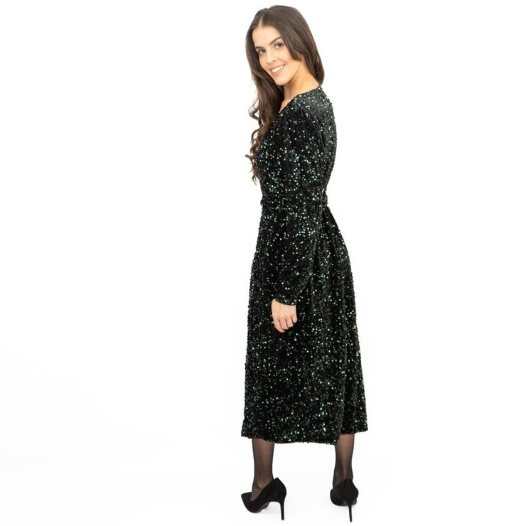 Velvet Sequin Wrap Midi Dress Sparkle Green - Quality Brands Outlet
