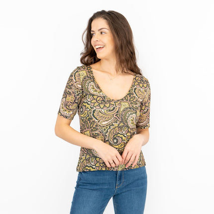 Oasis Green Paisley Print V-Neck Short Sleeve Tops-Quality Brands Outlet-