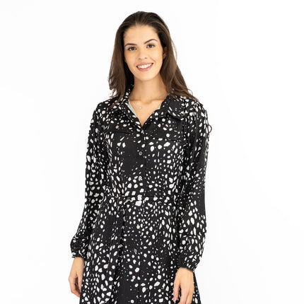 Oasis Black White Polka Dot Long Sleeve Midi Shirt Dresses-Quality Brands Outlet-