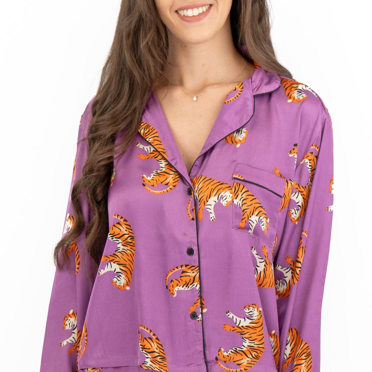 Pretty Little Thing Purple Tiger Print Long Sleeve Pyjama Set for Women Relaxed Fit Christmas PJs - Quality Brands Outlet