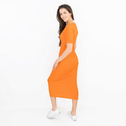 Karen Millen Orange Ribbed Short Sleeve V-Neck Stretchy Bodycon Midi Dresses