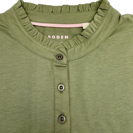 Boden Light Green Supersoft Frill Henley Top Cotton Modal Slim Fit - Quality Brands Outlet
