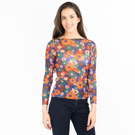Karen Millen Orange Floral Boat Neck Long Sleeve Tops-Quality Brands Outlet-