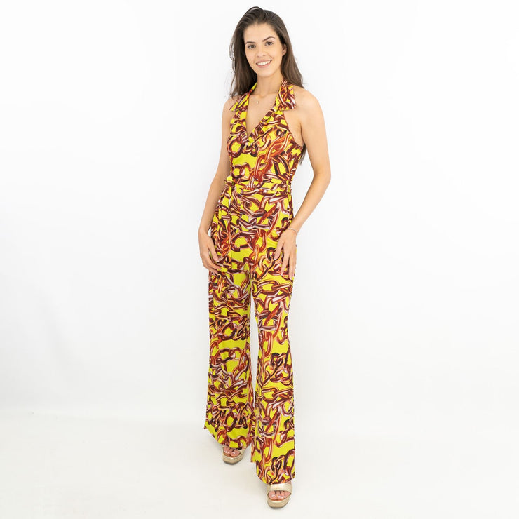 Karen Millen Yellow Gold Chain Print Sleeveless Wide Leg Stretchy Collared Jumpsuits