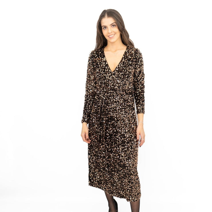 Velvet Sequin Wrap Midi Dress Sparkle Bronze - Quality Brands Outlet