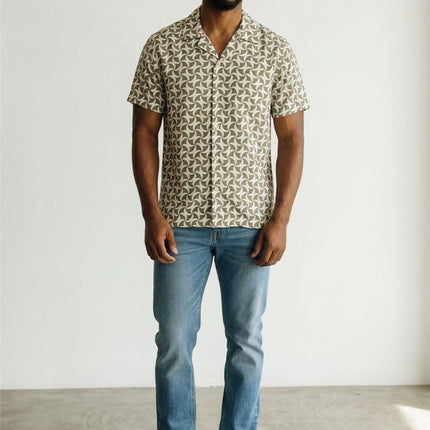 Mens Shirts Short Sleeve Olive Green Geo Print - Quality Brands Outlet