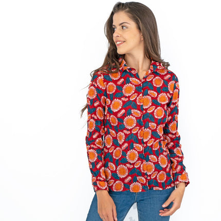 Seasalt Larissa Red Daisies Shirt Long Sleeve Cotton Button-Up Tops-Quality Brands Outlet-